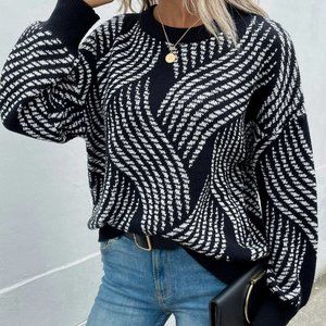 Black and White Preppy Womens Allover Pattern Drop Shoulder Sweater